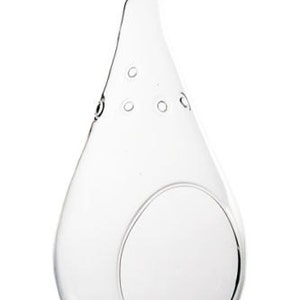May include: A clear glass teardrop-shaped vase with a hole in the center. The vase has a loop at the top for hanging.