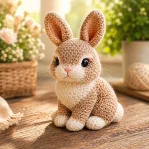 May include: A crocheted bunny rabbit in brown and cream, with large black eyes and a pink nose. The bunny is sitting on a wooden surface, with a basket of flowers and greenery in the background. A charming Easter or spring decoration.