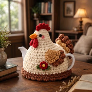 May include: A handcrafted crochet teapot cozy shaped like a hen. The cozy features a cream-colored body with brown, red, and orange accents. A red comb and wattle, and a small red flower adorn the front. The cozy is designed to fit a standard teapot.