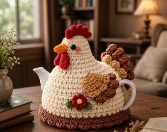Patrón de funda para tetera con forma de gallina a crochet – Decoración de cocina rústica, tutorial de amigurumi texturizado (descarga en PDF)
