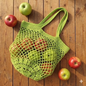 May include: A green crocheted reusable shopping bag filled with red and green apples sits on a wooden surface. The bag has two handles and a decorative floral pattern at the bottom. Several apples are scattered around the bag.