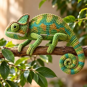 Puede incluir: Una figura de camaleón tejida a ganchillo con una superficie texturizada en una paleta de colores verde vibrante, amarillo y azul cerceta. La criatura tiene una cresta prominente en la cabeza, una cola enroscada y un ojo negro visible.