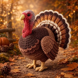 May include: A handcrafted crochet turkey with a red wattle, brown body, and a fan of brown, tan, and white feathers. The turkey stands on tan feet amidst fallen leaves, pine cones, and a pumpkin, evoking an autumn theme.