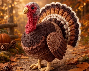 Patrón de ganchillo multilingüe en PDF de pavo realista / Decoración otoñal de amigurumi avanzada