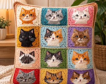 Patrón de ganchillo 3D de gato - Cojín cuadrado de gato de la abuela, diseño de cojín de animales (descarga en PDF multilingüe)