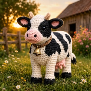Può includere: Una mucca all'uncinetto fatta a mano con macchie bianche e nere, un naso rosa e un collare con campanella. La mucca ha piccole corna e si trova in un campo erboso con fiori selvatici. Lo sfondo include una staccionata di legno e un fienile.