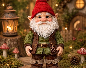 Patrón de gnomo del bosque, tutorial multilingüe de amigurumi realista de 50 cm para hacer tú mismo, PDF de Tomte barbudo a crochet