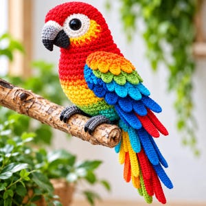 Peut inclure: Une figurine de perroquet au crochet présentant une palette de couleurs vives en fil rouge, jaune, vert et bleu. L'oiseau possède une tache blanche autour de ses grands yeux noirs, un bec gris et noir et des plumes d'ailes détaillées posées sur une branche.