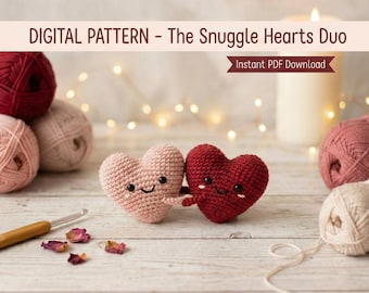 Patrón de crochet "Snuggle Heart Duo" / Pareja de corazones amigurumi / Regalo de San Valentín