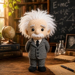 Peut inclure: Poupée au crochet d'Albert Einstein, vêtue d'un costume gris, d'une cravate noire et de chaussures noires. La poupée a des cheveux blancs et une moustache blanche. Elle est posée sur un bureau en bois avec des livres, un globe et un tableau noir en arrière-plan.