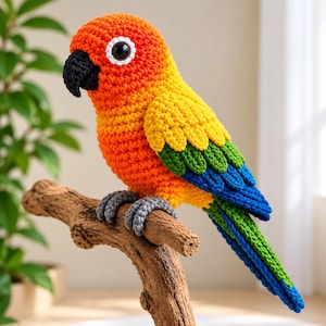 May include: A crocheted sun conure parrot figurine featuring a bright orange head, a yellow upper body, and wings with green and blue feathers. The bird has a black beak, large white-rimmed black eyes, and gray feet perched on a textured brown branch.