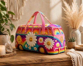 Retro Van gesteppte Reisetasche, bunte Boho Weekender Tasche, Daisy Smile Flower Seesack, Hippie Style Reisetasche, Geschenk für Frauen