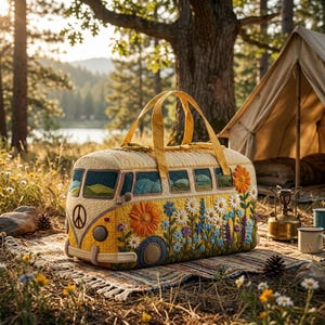 Könnte beinhalten: Eine gelb-cremefarbene, gesteppte Tragetasche in Form eines Oldtimerbusses, verziert mit bunten Blumen und einem Friedenszeichen. Die Tasche hat gelbe Griffe und steht auf einem Teppich in einer natürlichen Umgebung im Freien.