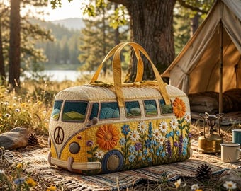 Boho Hippie Bus Seesack, Gesteppte Blumen Reisetasche, Retro Peace Zeichen Reisetasche, 70er Jahre Vintage Stil Weekender, Süßes Neuheit Gepäck