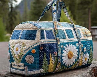 Custom Name Travel Weekender Bag, Camping Road Trip Overnight Bag, Personalized Camping Quilted Duffle Bag, Floral Motorhome Gift