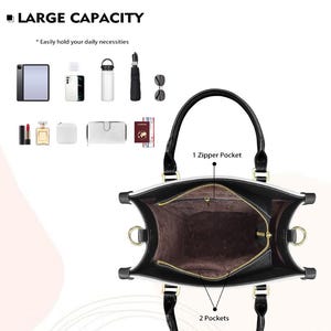 May include: Black and white tote bag with a spacious interior, featuring a zipper pocket and two additional pockets. The image highlights the bag's large capacity, with illustrations of everyday essentials like a tablet, water bottle, and sunglasses. The bag has black handles and gold-colored hardware.