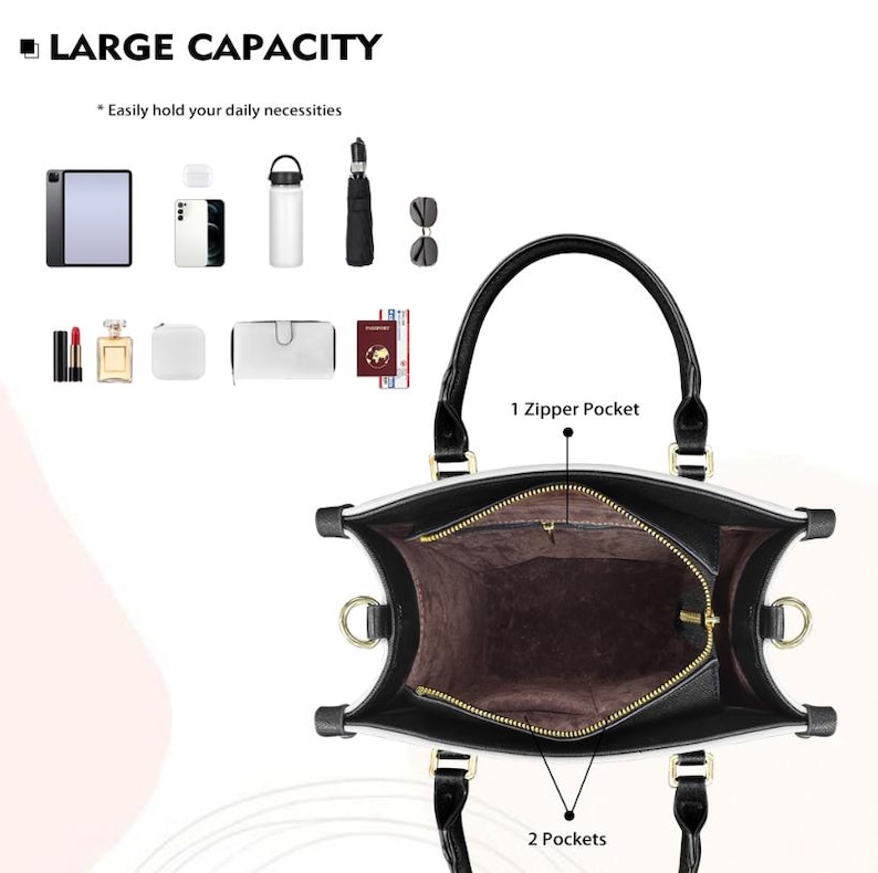 May include: Black and white tote bag with a spacious interior, featuring a zipper pocket and two additional pockets. The image highlights the bag's large capacity, with illustrations of everyday essentials like a tablet, water bottle, and sunglasses. The bag has black handles and gold-colored hardware.