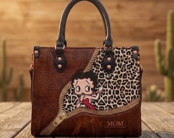 Personalized Betty Boop Leopard Print Handbag, Custom Leather Satchel for Mom, Retro Western Tote Bag, Unique Mother's Day Gift
