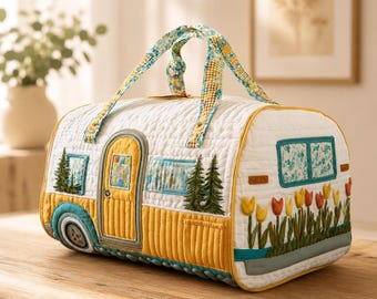 Quilted Duffle Bag, Floral Travel Weekender Bag, Cottagecore Overnight Bag, Retro Caravan Bag, Road Trip Bag, Cabin Travel Gift for Her