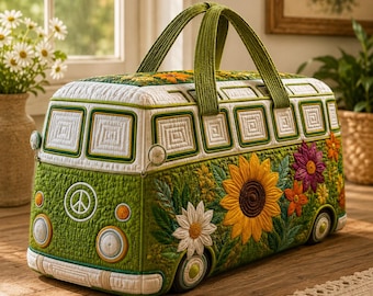 Sunflower Retro Travel Quilted Duffle Bag, Floral Weekender Bag, Green Flower Overnight Bag, Vintage Road Trip Gym Bag, Boho Carry On Gift