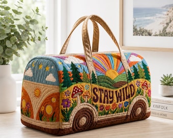 Stay Wild Quilted Duffle Bag, Retro Hippie Travel Bag, Colorful Nature Weekender Bag, Boho Overnight Bag, Camping Road Trip Gift