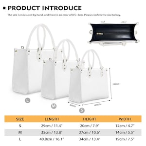 May include: Three white tote bags of varying sizes, with measurements provided. The bags have top handles and a rectangular shape. The smallest bag is 11.4 inches long, 7.9 inches high, and 4.7 inches wide.