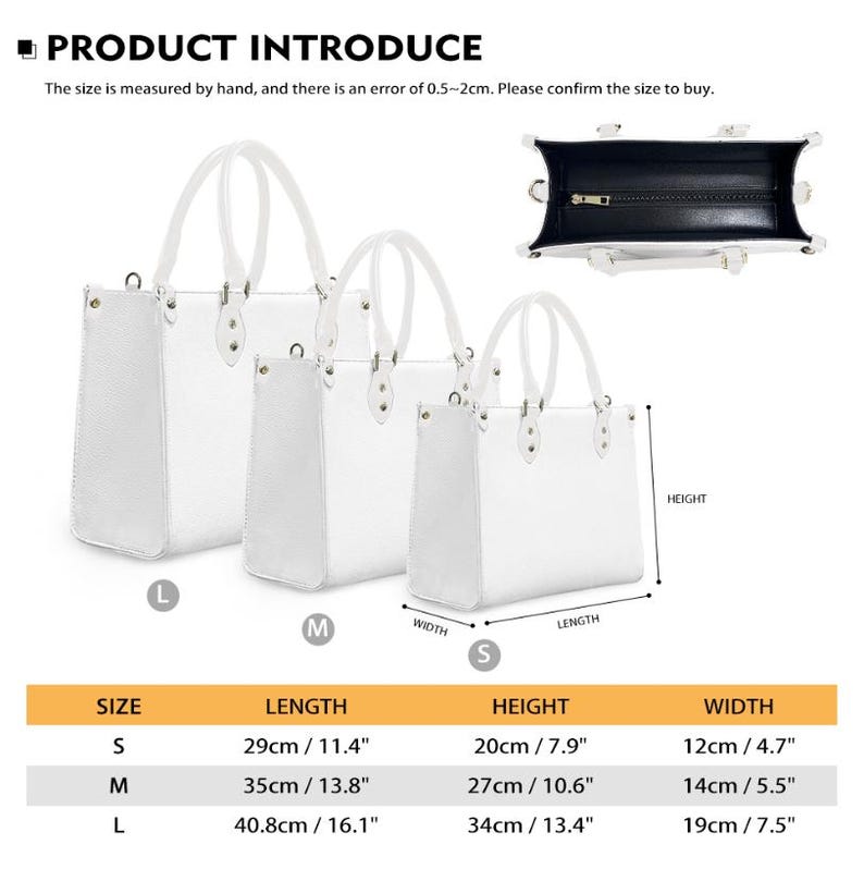 May include: Three white tote bags of varying sizes, with measurements provided. The bags have top handles and a rectangular shape. The smallest bag is 11.4 inches long, 7.9 inches high, and 4.7 inches wide.