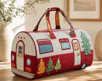 Retro Camping Quilted Duffle Bag, Red Vintage Trailer Weekender Bag, Cozy Camping Travel Bag, Forest Cabin Overnight Bag Gift for Her