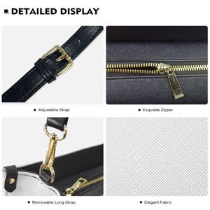 May include: Detailed display of a black and white handbag. Features include an adjustable strap with a gold buckle, a gold zipper, and a removable long strap. The bag has an elegant fabric.