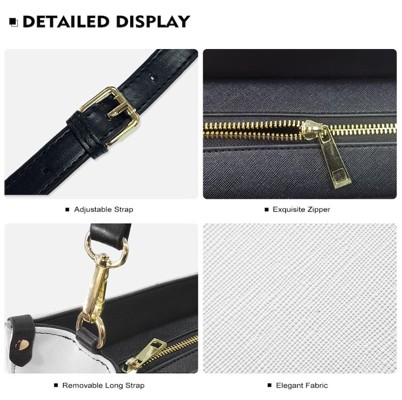 May include: Detailed display of a black and white handbag. Features include an adjustable strap with a gold buckle, a gold zipper, and a removable long strap. The bag has an elegant fabric.