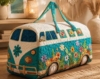 Quilted Duffle Bag, Boho Travel Tote, Vintage Camping Overnight Bag, Gift for Flower Lovers