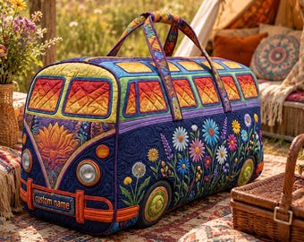Personalized Retro Van Quilted Duffle Bag, Floral Boho Weekender Bag, Custom Name Travel Bag, Hippie Overnight Bag Gift for Her