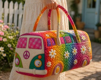 Colorful Retro Rainbow Van Duffle Bag, Daisy Quilted Travel Bag, Floral Weekender Bag, Boho Road Trip Carry On, Cute Gift For Women