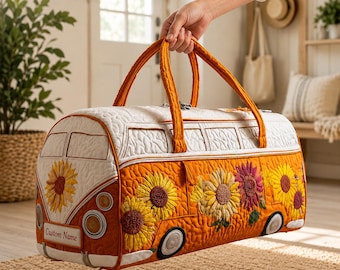 Personalized Sunflower Quilted Duffle Bag, Custom Name Quilted Duffle Bag, Retro Floral Weekender Bag, Travel Overnight Bag Gift