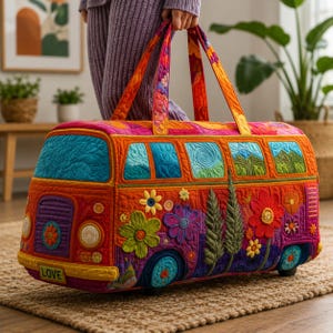 May include: A colorful, quilted duffel bag shaped like a vintage bus. The bag features vibrant orange, red, and blue hues, with floral and landscape details. The word "LOVE" is visible on the front. The bag has two handles.