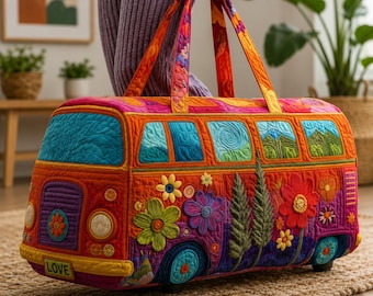 Colorful Floral Quilted Duffle Bag, Retro Inspired Weekender Bag, Boho Flower Travel Bag, Patchwork Overnight Bag, Cozy Carry On Tote