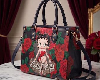 Personalized Betty Boop Red Rose Leather Handbag, Custom Cartoon Handbag for Work & Travel, Gift for Her