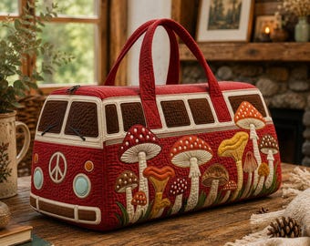Mushroom Quilted Duffle Bag, Retro Forest Weekender Bag, Cottagecore Travel Bag, Woodland Overnight Bag, Cute Nature Gym Bag Gift