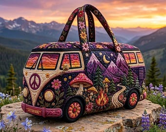 Personalisierte Hippie Van Tragetasche | Benutzerdefinierte Camping Bus Reisetasche | Boho gestickter Pilz gesteppte Geldbörse | Retro 70er Jahre Geschenk für Naturliebhaber