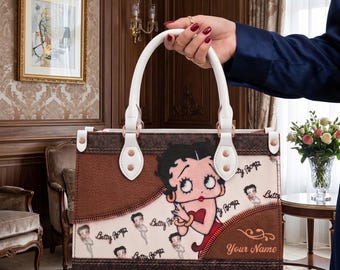 Personalized Betty Boop Cowboy Leather Tote Bag, Custom Name Faux Leather Handbag