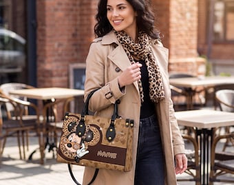 Personalized Leopard Mickey Mouse Handbag, Custom Name Brown Leather Tote Bag