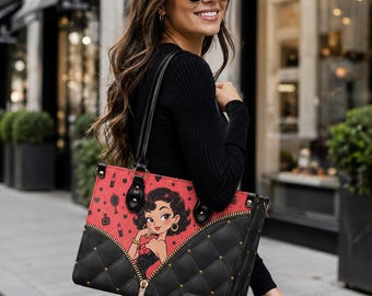 Spersonalizowana torba vintage z pikowaną dziewczynką z kreskówki, torebka z niestandardowym imieniem dla miłośniczki makijażu, torebka na ramię w stylu retro pin-up, prezent dla niej