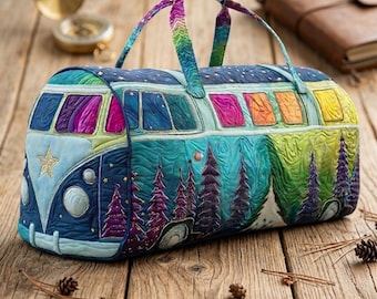 Quilted Duffle Bag | Retro Hippie Bus Weekender | Starry Night Forest Microbus | Colorful Rainbow Windows & Gold Star | Boho Travel Bag
