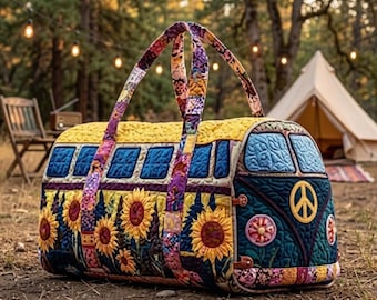 Retro Floral Quilted Duffle Bag, Sunflower Travel Bag, Boho Weekend Bag, Vintage Inspired Overnight Bag, Cute Camping Gift For Women