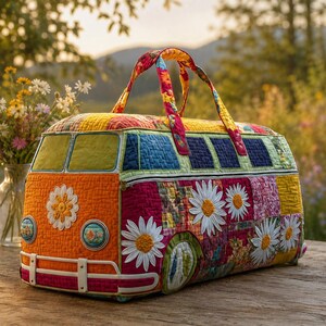 May include: A colorful, quilted duffel bag shaped like a vintage VW bus. The bag features a patchwork design with daisies, floral patterns, and vibrant colors like orange, yellow, blue, and pink. It has a zipper closure and sturdy handles.