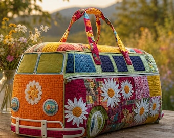 Floral Daisy Quilted Duffle Bag, Colorful Patchwork Weekender Bag, Boho Travel Tote, Overnight Bag, Road Trip Gift for Women