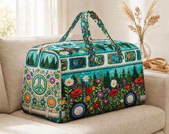 Retro Floral Bus Quilted Duffle Bag, Boho Flower Weekender Bag,Travel Bag, Nature Forest Overnight Tote, Road Trip Gift
