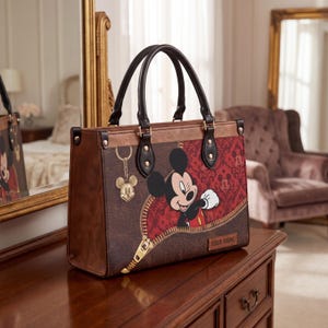 May include: Brown and red tote bag featuring Mickey Mouse. The bag has black handles, a gold zipper design, and a Mickey Mouse charm. The design includes a red pattern and the text "YOUR NAME".