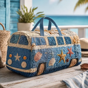 Puede incluir: Una bolsa de viaje acolchada azul y crema con forma de autobús vintage, adornada con estrellas de mar y conchas marinas. La bolsa tiene un asa azul y está colocada sobre un fondo de playa.