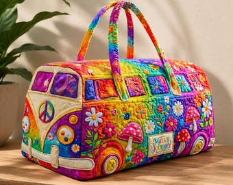Custom Name Hippie Van Quilted Travel Bag, Personalized Rainbow Floral Duffle Bag, Retro Boho Weekender Bag, Cute Mushroom Tote Gift